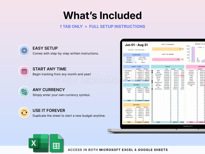 May include: A digital budget dashboard displayed on a laptop screen, featuring sections for cash flow, income, savings, bills, and expenses. The interface includes text labels like What's Included, Easy Setup, Start Any Time, Any Currency, and Use It Forever.