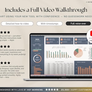 May include: A laptop screen shows a financial planner interface with charts and graphs. The text includes "Includes a Full Video Walkthrough" and customer testimonials. A YouTube icon is visible, along with the text "Watch on YouTube."