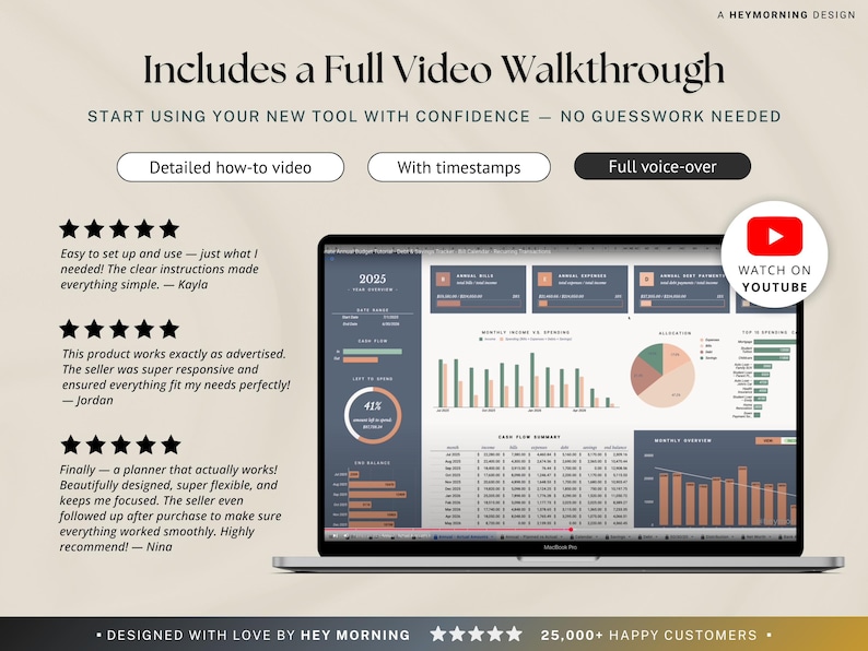 May include: A laptop screen shows a financial planner interface with charts and graphs. The text includes "Includes a Full Video Walkthrough" and customer testimonials. A YouTube icon is visible, along with the text "Watch on YouTube."