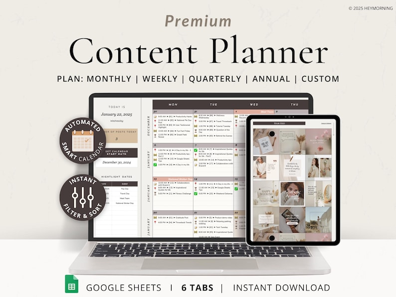 Simple Social Media Content Planner Spreadsheet; Smart Content Calendar Google Sheets; Social Media Marketing Template Instagram Youtube TikTok; Plan monthly, weekly, quarterly, or any custom time frame; Lifetime usability; Feed Design, Post View