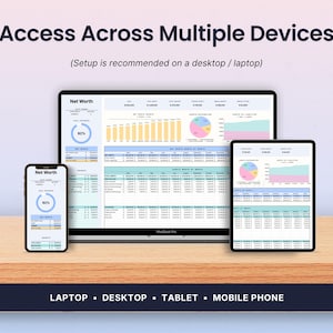 Pode incluir: Imagem mostrando um laptop, tablet e smartphone exibindo dados financeiros. As telas mostram gr&aacute;ficos e tabelas com o texto "Net Worth" e "Access Across Multiple Devices". A configura&ccedil;&atilde;o &eacute; recomendada em um desktop ou laptop. A parte inferior da imagem tem as palavras "LAPTOP &bull; DESKTOP &bull; TABLET &bull; MOBILE PHONE."