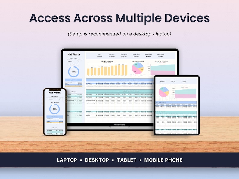 Pode incluir: Imagem mostrando um laptop, tablet e smartphone exibindo dados financeiros. As telas mostram gr&aacute;ficos e tabelas com o texto "Net Worth" e "Access Across Multiple Devices". A configura&ccedil;&atilde;o &eacute; recomendada em um desktop ou laptop. A parte inferior da imagem tem as palavras "LAPTOP &bull; DESKTOP &bull; TABLET &bull; MOBILE PHONE."
