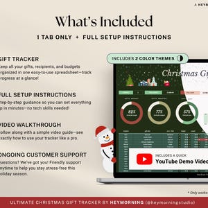 Peut inclure: Un &eacute;cran d'ordinateur portable affiche un tableur de suivi des cadeaux de No&euml;l avec des th&egrave;mes de couleurs verts et blancs. L'image comprend un bonhomme de neige et du texte d&eacute;taillant les fonctionnalit&eacute;s telles que le suivi des cadeaux et une vid&eacute;o de d&eacute;monstration YouTube.