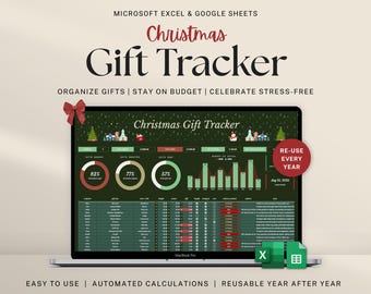 Hoja de cálculo de seguimiento de regalos de Navidad, modo oscuro, planificador de regalos navideños, hojas de cálculo de Google Excel, seguimiento del presupuesto navideño, lista de verificación para la planificación de las fiestas.