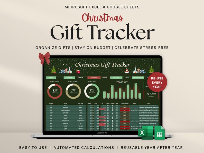 Peut inclure: Un &eacute;cran de MacBook Pro affiche un tableur de suivi des cadeaux de No&euml;l. L'&eacute;cran pr&eacute;sente des visualisations de donn&eacute;es et un tableau pour organiser les cadeaux, respecter le budget et c&eacute;l&eacute;brer sans stress. Le texte comprend "Christmas Gift Tracker" et "Re-use Every Year."
