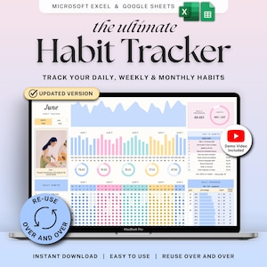 Rastreador de hábitos Planificador de rutina diaria Hoja de cálculo de seguimiento de hábitos semanal y mensual Seguimiento de objetivos de productividad para TDAH Hojas de cálculo de Google Excel Autocuidado