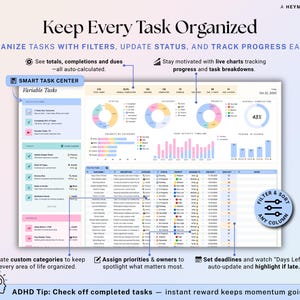 May include: A digital task management system with the text "Keep Every Task Organized." The interface displays charts, progress trackers, and a "SMART TASK CENTER." Features include filters, status updates, and deadline setting. The design is in pastel colors.