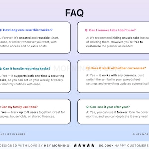以下が含まれることがあります： 紫と白のグラデーションの背景を持つデジタルプランナーのFAQシート。シートには、再利用性や繰り返しタスクなど、プランナーの機能に関する6つの質問と回答が含まれています。
