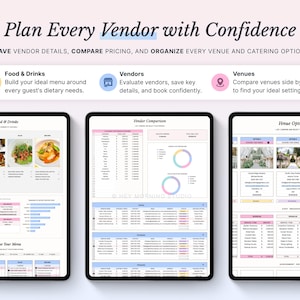 Pode incluir: Um painel digital de planejamento de casamento exibido em tr&ecirc;s tablets. A interface inclui se&ccedil;&otilde;es para comida e bebida, compara&ccedil;&atilde;o de fornecedores e op&ccedil;&otilde;es de locais, com tabelas, gr&aacute;ficos e imagens para organizar detalhes e pre&ccedil;os.