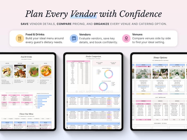 Pode incluir: Um painel digital de planejamento de casamento exibido em tr&ecirc;s tablets. A interface inclui se&ccedil;&otilde;es para comida e bebida, compara&ccedil;&atilde;o de fornecedores e op&ccedil;&otilde;es de locais, com tabelas, gr&aacute;ficos e imagens para organizar detalhes e pre&ccedil;os.