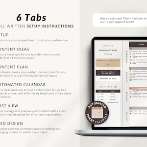 May include: A digital calendar template with six tabs: Setup, Content Ideas, Content Plan, Automated Calendar, Post View, and Feed Design. The template is designed to help users plan and schedule their social media content. The image also shows a laptop screen with a calendar interface.