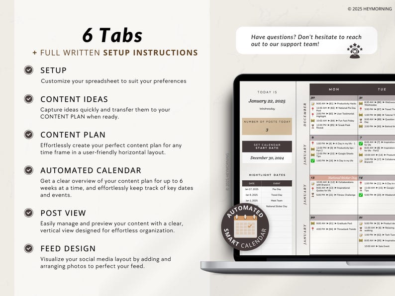 May include: A digital calendar template with six tabs: Setup, Content Ideas, Content Plan, Automated Calendar, Post View, and Feed Design. The template is designed to help users plan and schedule their social media content. The image also shows a laptop screen with a calendar interface.