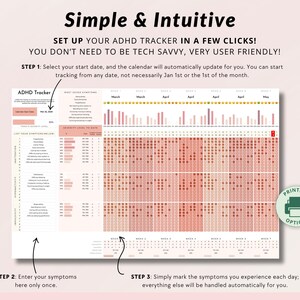 May include: A printable ADHD tracker with a calendar and a list of symptoms. The tracker is designed to be easy to use and helps users track their symptoms over time. The tracker is available in a printable format.