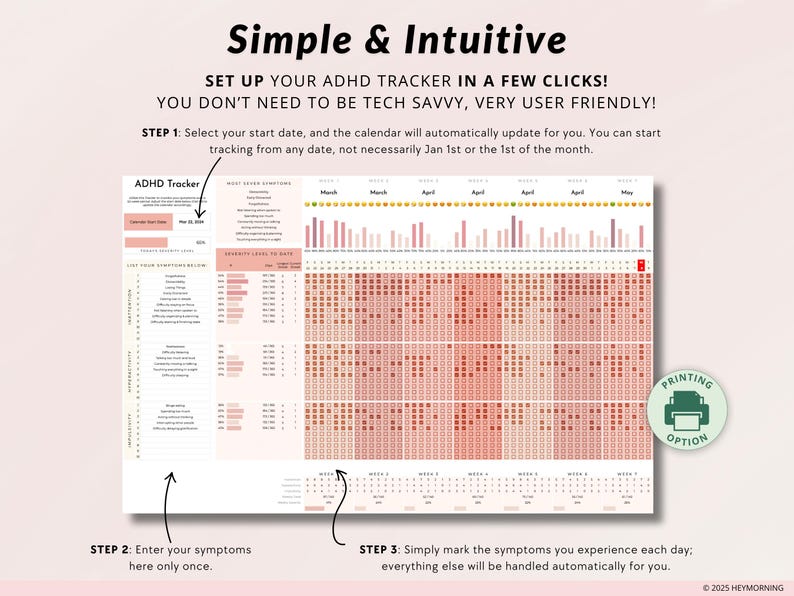 May include: A printable ADHD tracker with a calendar and a list of symptoms. The tracker is designed to be easy to use and helps users track their symptoms over time. The tracker is available in a printable format.
