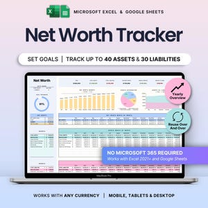 以下が含まれることがあります： ラップトップには「Net Worth Tracker」のスプレッドシートが表示されています。画面には、グラフとグラフを含む財務データが表示されます。「目標を設定する」、「最大40の資産と30の負債を追跡する」、および「あらゆる通貨で動作します」というテキストが含まれています。