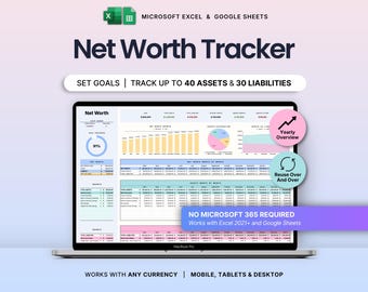 Planilha de controle de patrimônio líquido, Planilha do Google Sheets, Planilha do Excel, Calculadora anual de patrimônio líquido, Modelo de planilha de ativos e passivos, Rastreador de investimentos, Finanças pessoais