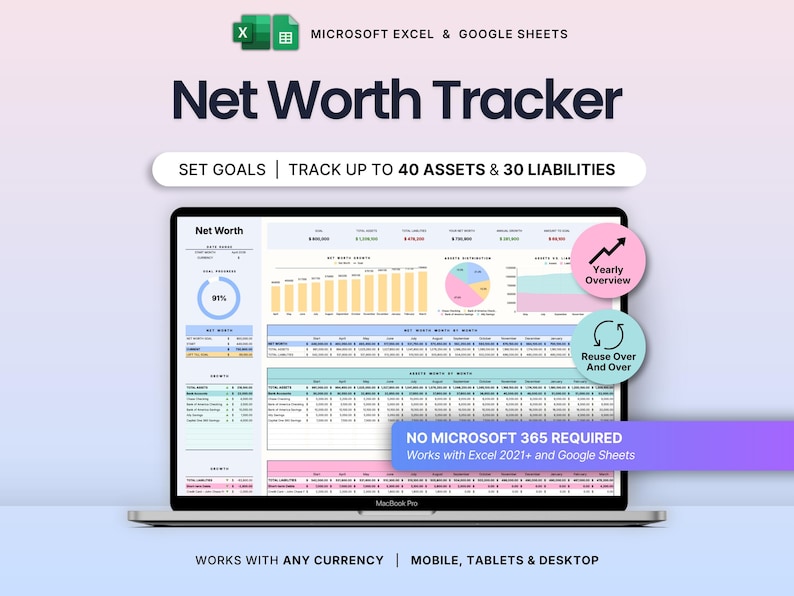 Pode incluir: Um laptop exibe uma planilha "Net Worth Tracker". A tela mostra dados financeiros com gr&aacute;ficos. O texto inclui "Definir metas", "Acompanhar at&eacute; 40 ativos e 30 passivos" e "Funciona com qualquer moeda". O software funciona com Excel e Google Sheets.