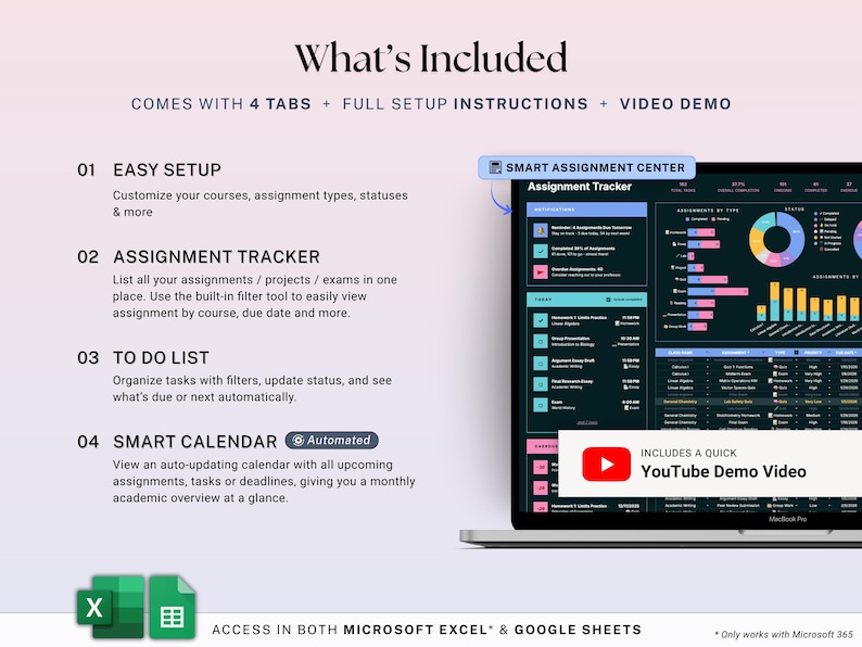 Assignment Tracker Google Sheets Excel Dark Mode Student Planner ...