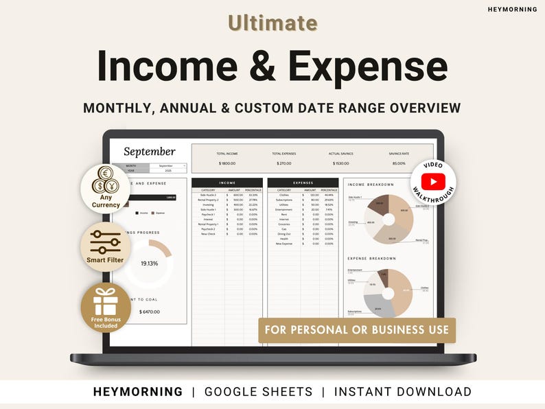 Income and Expense Tracker Spreadsheet, Google Sheets, 8 tabs, Includes a BONUS budgeting retrospective template; Perfect for both personal and business use; With Monthly, Yearly, and Custom dashboards; Track bank account balances; Fully automated