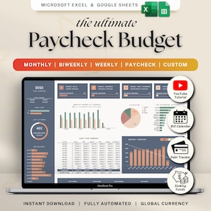 May include: A laptop screen displays a financial spreadsheet titled "Paycheck Budget." The screen shows charts, graphs, and data tables. Icons for YouTube tutorials, a bill calendar, debt tracker, and sinking funds are visible. The text "Instant Download | Fully Automated | Global Currency" is also present.