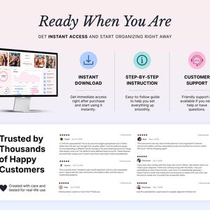 Pode incluir: Uma exibi&ccedil;&atilde;o de produto digital com um monitor de computador mostrando uma interface de planilha de or&ccedil;amento. O texto inclui Ready When You Are, Instant Download, Step-By-Step Instruction, Customer Support e Trusted by Thousands of Happy Customers.