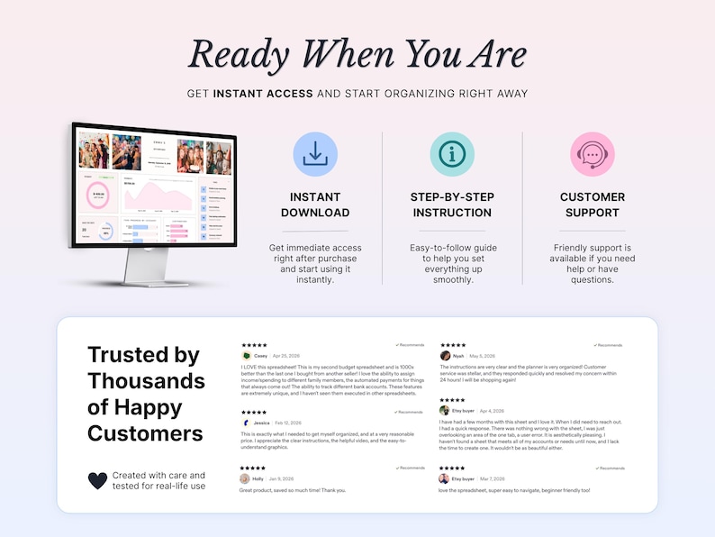 Pode incluir: Uma exibi&ccedil;&atilde;o de produto digital com um monitor de computador mostrando uma interface de planilha de or&ccedil;amento. O texto inclui Ready When You Are, Instant Download, Step-By-Step Instruction, Customer Support e Trusted by Thousands of Happy Customers.