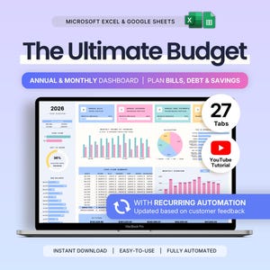 Puede incluir: Una hoja de cálculo de presupuesto digital para Microsoft Excel y Google Sheets titulada The Ultimate Budget. El panel muestra un resumen de flujo de caja de 2026, facturas anuales, ingresos mensuales y gráficos de ahorro con 27 pestañas.