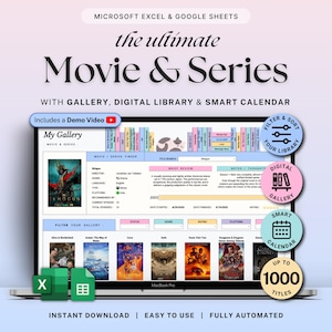 以下が含まれることがあります： 「the ultimate Movie & Series」のテキストが表示された映画とシリーズのトラッカーが、ラップトップの画面に表示されています。インターフェースには、ギャラリー、デジタルライブラリ、スマートカレンダーが含まれています。画像には、ExcelとGoogle Sheetsのアイコンも表示されています。