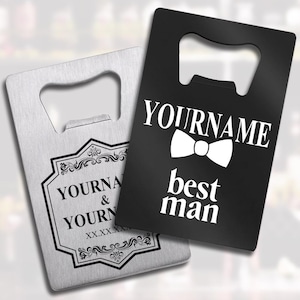 Décapsuleur personnalisé carte de crédit Groomsman - Personnalisable en acier inoxydable gravé au laser noir argent - témoin, mariage, enterrement de vie de garçon