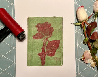 Rose monoprint in green and red