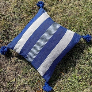 Berber cotton cushion cover with pompoms, matching our plaids - blue & white striped - 50x50 cm - boho style - crafts - handmade