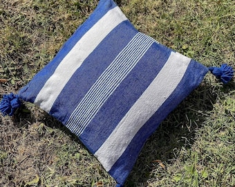 Berber cotton cushion cover with pompoms, matching our plaids - blue & white striped - 50x50 cm - boho style - crafts - handmade