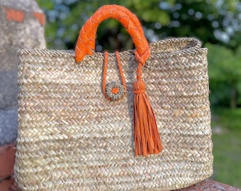 Bag with orange leather handles, basket with leather handles, gift for her, Moroccan craftsmanship, handmade, handmade, bag, mothers day gift