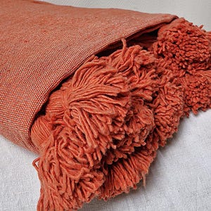 Large Moroccan throw with cotton pompoms - Orange - 3x2m - Crafts - Handmade - Bed or sofa throw - Berber blanket - Boho decor
