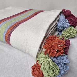 Moroccan plaid with cotton pompoms - Multicolor - 2x1.5m - Crafts - Handmade - Bed or sofa throw - Berber blanket - Boho decor