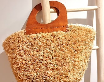 Frayed natural raffia bag with leather handles, raffia basket, gift for her, Moroccan craftsmanship, handmade, made @Marrakech