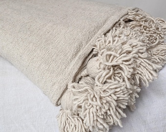 Manta marroquí con borlas de algodón - Beige - 3x2m / 2x1,5m - Hecha a mano - Hecho a mano - Colcha - Manta bereber - Decoración bohemia