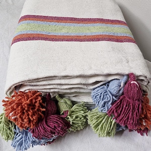 Moroccan throw with cotton pompoms - Multicolor - 3x2m - Crafts - Handmade - Bed or sofa throw - Berber blanket - Boho decor