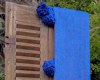 Moroccan Blue Cotton Tassel Blanket - (200 x 150 cm / 79 x 59 inches) - Crafts, Handmade, Gift for Her, Gift for Him