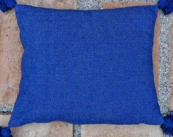 Berber cotton cushion cover with pompoms, matching our throws - BLUE - 50x50 cm - boho chic style - Moroccan craftsmanship - handmade