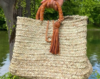 Bag with braided leather handles, basket with leather handles, gift for her, Moroccan craftsmanship, handmade, handmade, made in Marrakech