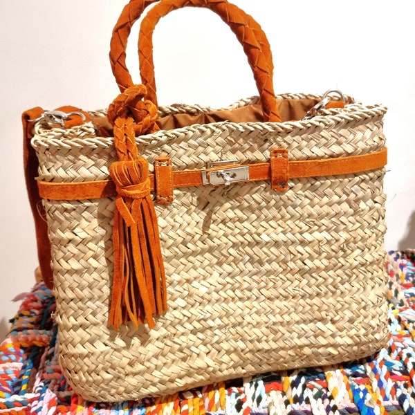 Panier avec anses en daim tressées, cabas avec poignées en daim, cadeau pour elle, artisanat marocain, fait main, handmade, made @ Marrakech