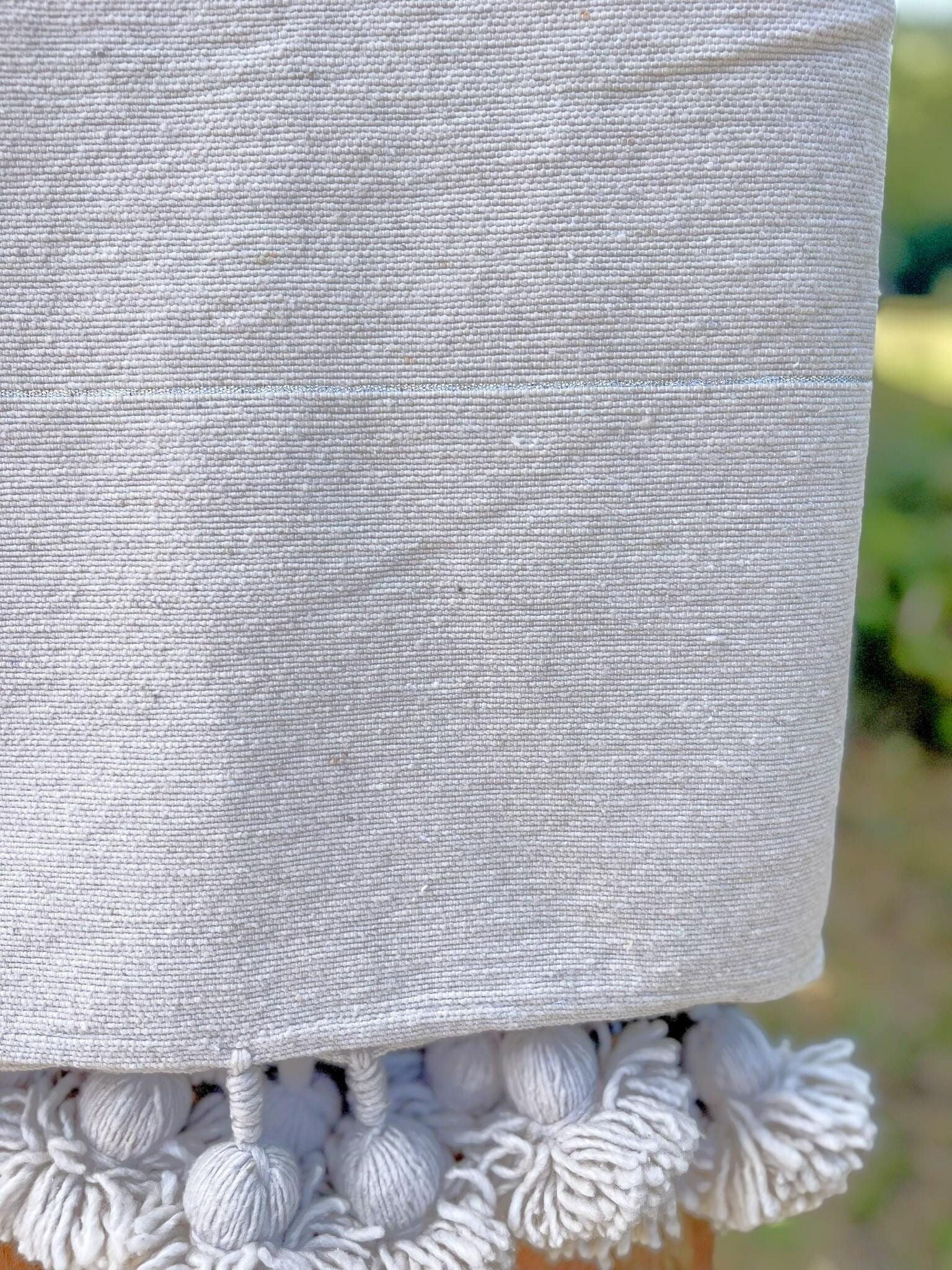 Moroccan Berber cotton blanket, Moroccan blanket with pompoms - beige color with silver stripes, Moroccan craftsmanship, Handmade in Marrakech