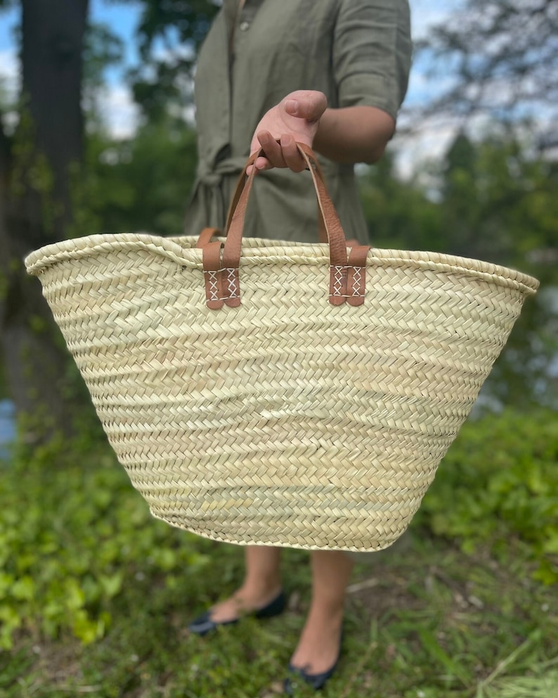 Straw Market Basket With Leather Handles, French Market Bag, Grocery ...