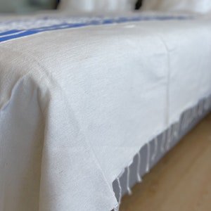 Puede incluir: Un cubrecama blanco con una franja azul y detalles de flecos. El cubrecama est&aacute; en una cama con almohadas blancas.