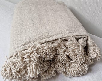 Moroccan throw with cotton pompoms - Beige - 3x2m / 2x1.5m - Crafts - Handmade - Bed throw - Berber blanket - Boho decor