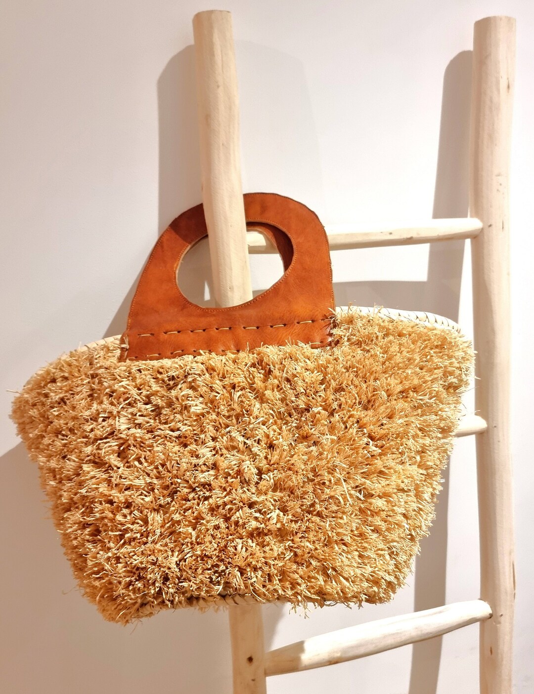 Natural Frayed Raffia Bag With Leather Handles, Raffia Basket, Gift for ...