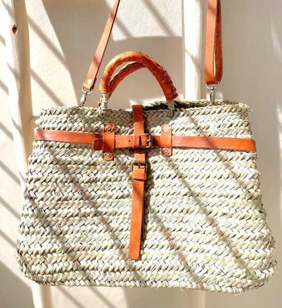 Sac cabas osier avec anses cuir marron – panier marocain fait main Marrakech, cabas bohème chic et solide, mode éthique, artisanat marocain