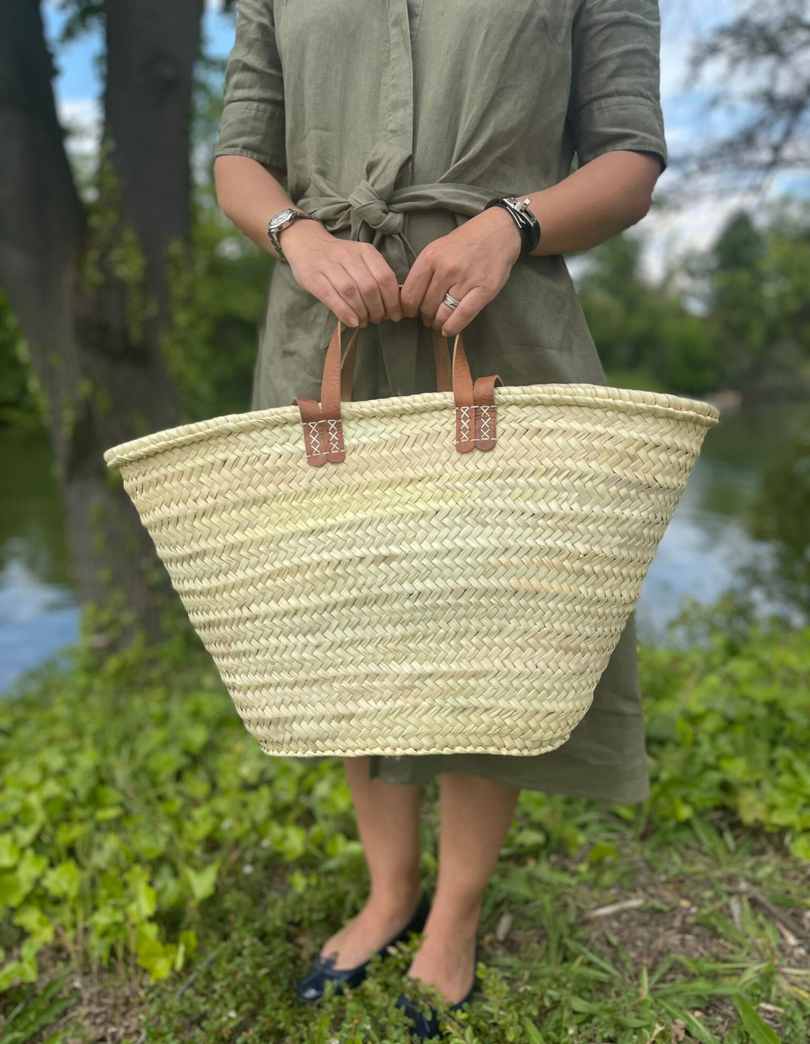 Straw Market Basket With Leather Handles, French Market Bag, Grocery ...