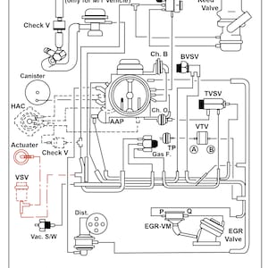 Puede incluir: Un diagrama en blanco y negro que muestra el sistema de mangueras de vacío para un motor 3T-C. El diagrama incluye etiquetas para varios componentes, como el filtro de aire, el recipiente, el actuador y la válvula EGR. El diagrama también incluye etiquetas para las diferentes líneas de vacío y sus conexiones.